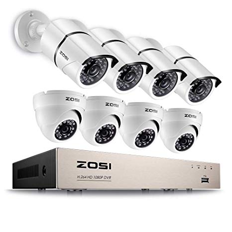 ZOSI 1080P Security Camera System 8 Channel HD-TVI Video Recorder DVR with 8 pcs 2.0-megapixel Bullet & Dome Waterproof Security Cameras, Remote Access on PC & Smartphone Day & Night Vision