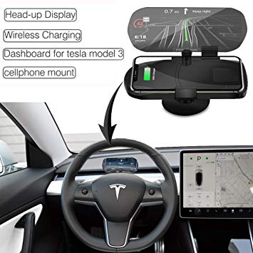 Tesla Model 3 Accessories, Head up Display Phone Holder,Dashboard, Wireless Charger Phone Mount for iPhone Xs Max/XS/XR/X/8Plus/8 and for Samsung,hudway Glass hud,Key Card Holder
