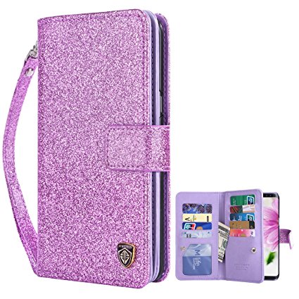 S8 Plus Case Samsung Galaxy S8 Plus Case BENTOBEN Glitter Bling Bling Faux Leather Flip Credit Card Holder Wristlet Shockproof Protective Wallet Case for Girls(6.2 Inch) Purple