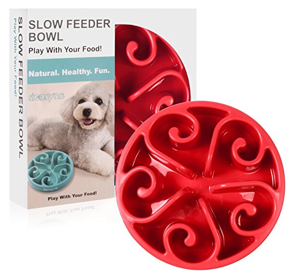 Slow Feeder Bowl, Siensync(TM) Fun Feeder Interactive Bloat Stop Dog Bowl, Eco-friendly Durable Non Toxic Bamboo Fiber Slow Feed Dog Bowl, Red