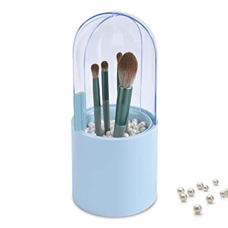 Bird&Fish Makeup Brush Holder Covered Makeup Brushes Case Large Capacity Brushes Organizer Cosmetics Brushes Storage Box with Lid Brushes Display Case Sliding Dustproof Cover with Free White Pearl (Blue)