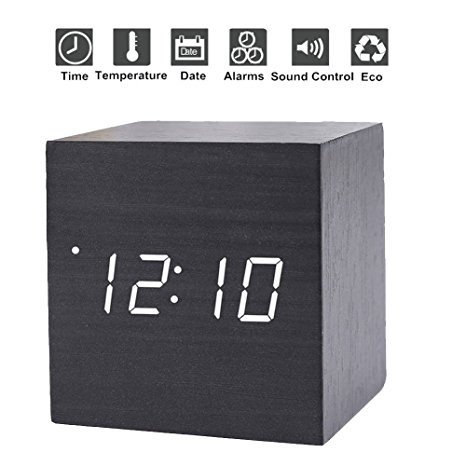 GESIMEI Alarm Clock Small Cube Wood Clock LED Mute Bedside Clock Temperature Digital Clock with Sound Control Function(Black White)