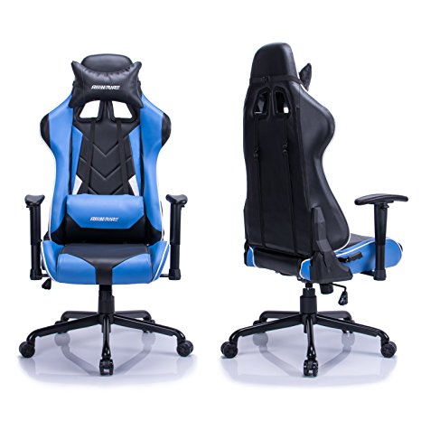 Aminiture Big and Tall High Back Racing Gaming Chair Blue Recliner PU Leather Swivel Desk Armchair Lumbar Support Computer Home Office Chair (Blue & Black)