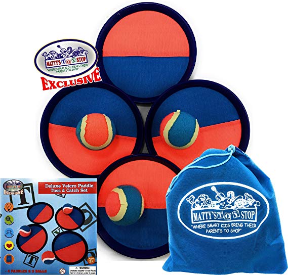 Matty's Toy Stop Deluxe Toss & Catch (Hook & Loop) Tropical Colors Paddle Game Set with 4 Paddles, 3 Balls & Storage Bag