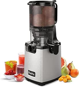 Fretta Slow Juicer Entsafter Gemüse und Obst Testsieger, 250W Edelstahl Saftpresse Elektrisch Obstpresse Kaltpresse Saftmaschine mit 135mm Großem Öffnung, Leicht zu Reinigen, Umkehrfunktion, BPA Frei