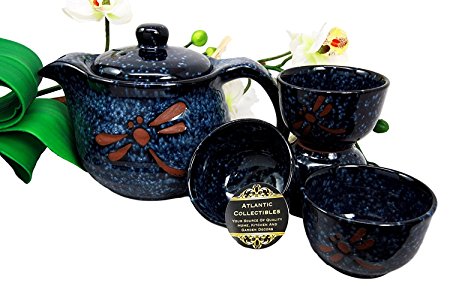 Atlantic Collectibles Japanese Tombo Dragonfly Blue Glazed Ceramic 20oz Tea Pot With Metal Strainer and Cups Set Serves 4 Beautifully Packaged in Gift Box