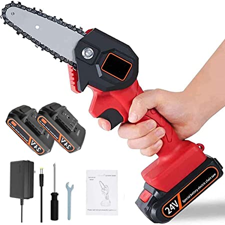 Mini Cordless Chainsaw Set Electric Protable Chainsaw One Hand Chain Saw Cutter Gardening Tool for Household with Two 24V/36V Battery and Charger (24V, Red)