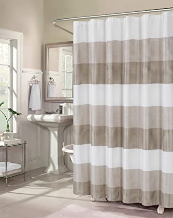 Dainty Home Waffle Weave Ombre Stripe Fabric Shower Curtain, 70 inch Wide X 72 Inches Long, Natural Taupe