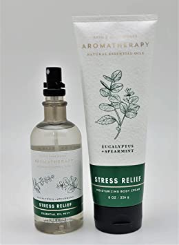 Bath & Body Works - Aromatherapy - Eucalyptus Spearmint – Stress Relief - 2 pc Bundle - Essential Oil Mist- 5.3 fl oz - & Body Cream - 8 oz