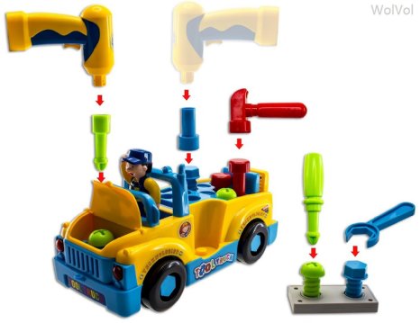 WolVol Truck Tools Toy Equipped with Electric Drill and Various Tools Lights and Music Bump and Go Action will go by its own and change directions on contact