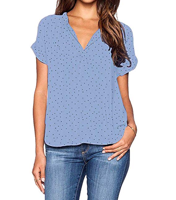 roswear Women's Casual Polka Dot Blouse Short Sleeve Top Shirt