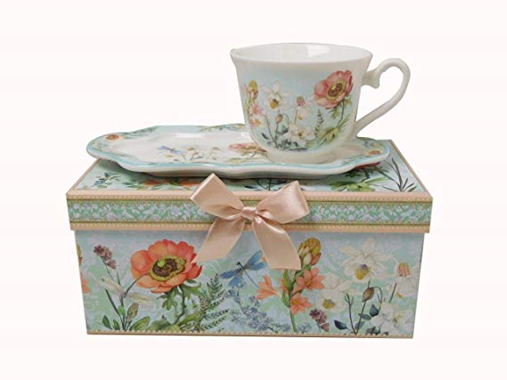 Lightahead New Bone China Unique Tea/Coffee Cup 10 oz and Snack Saucer Set in a Reusable Handmade Gift Box with Ribbon elegant floral design in attractive gift box