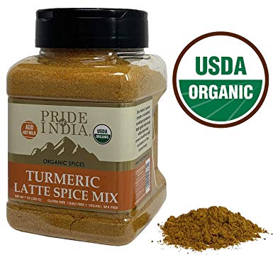 Pride Of India - Organic Turmeric Latte Spice - 7oz (200gm) Sifting Jar - Vegan 6 Spice Blend & Healthy Supplement - Instantly Make Perfect Golden Milk & Smoothies - No Fat/Sugar - Caffeine/Dairy Free