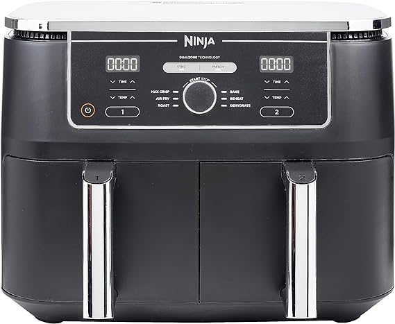 Ninja Foodi Max XXXL Dual Zone 9.5L Air Fryer, 2 Drawers, 9.5L, 6-in-1, Uses No Oil, Air Fry, Max Crisp, Roast, Bake, Reheat, Dehydrate, Cook 8 Portions, Non-Stick Dishwasher Safe, Black AF400ANZ