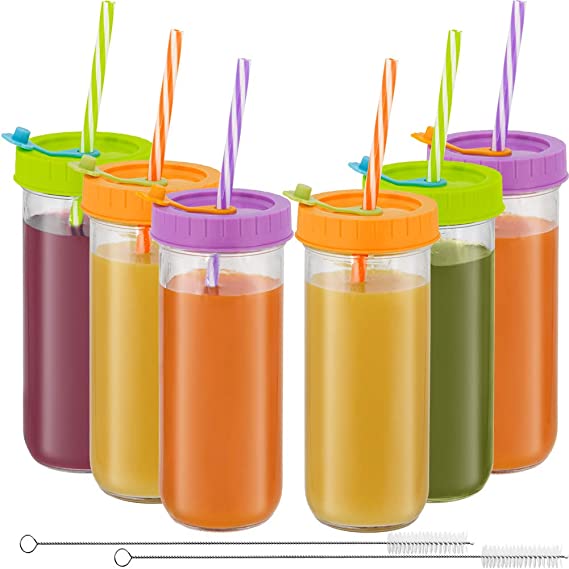 Glass Drinking Bottle Travel Drinking Jars 6 Pack, 16oz Mason Jars Regular Mouth Beverage Bottle with Airtight Lids &Straws, Reusable Water Bottle Skinny Tumbler for Juice/Smoothies,/Kombucha/Tea/Milk