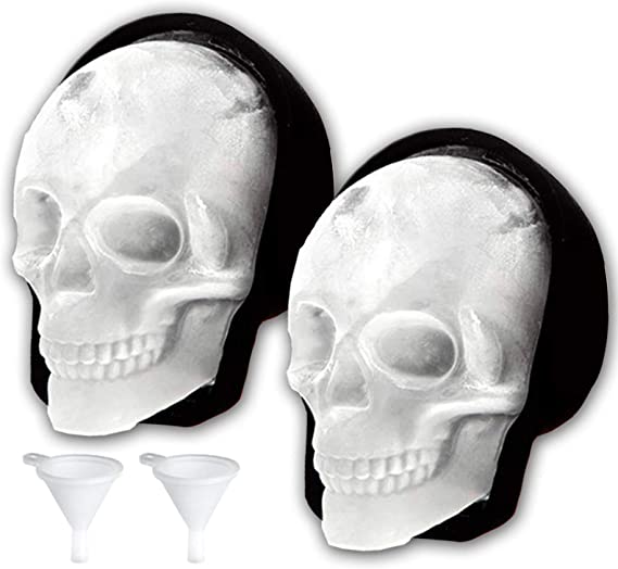 Large 3D Skull Ice Mold Silicone Skull Ice Cube Molds Trays with Funnels for Big Mouth Cup Durable Black Skull Ice Maker with Whiskey, Bourbon, Cocktails, Beer, for Parties (2 PCS (New))