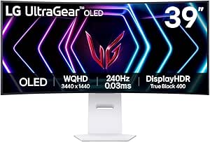 LG Ultragear Curved OLED Gaming Monitor 39GS95QE, 39 Inch, 1440p, 240Hz, 0.03ms, OLED Display, HDR 10, NVIDIA G-Sync Compatible & AMD FreeSync, Smart Energy Saving, DisplayPort, HDMI