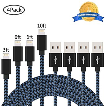 iPhone Cable BULESK 4Pack 3FT 6FT 6FT 10FT Nylon Braided Lightning to USB iPhone Charger Cord for iPhone 7 Plus 6S 6 SE 5S 5C 5, iPad 2 3 4 Mini Air Pro, iPod - Black & Blue
