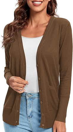 Urban CoCo Women's Lightweight Long Sleeve Knit Dressy Cardigan with Pockets Button Down Sweater