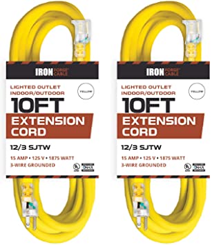 2 Pack of 10 Foot Outdoor Extension Cords - 12/3 SJTW Heavy Duty Lighted Yellow Extension Cable Set