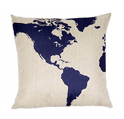 Globe Map Print Linen Blend Decorative Throw Pillow Cover Case, 17-inch Square