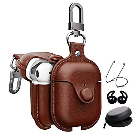Houbox Airpods Leather Case Cover Accessories with Earbuds Protective Strap String Case Keychain Kit Compatible Apple Airpods Charging Case (Dark Brown)