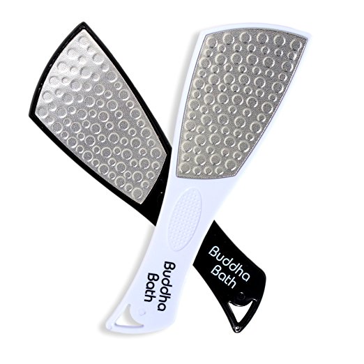 Buddha Bath Ultimate Foot File - Therapeutic - Great Wet and Dry - Dual Sided - Long Lasting Stainless Steel Extra Large Head Foot Rasp, Removes Callus. (Twin Pack Black and White)