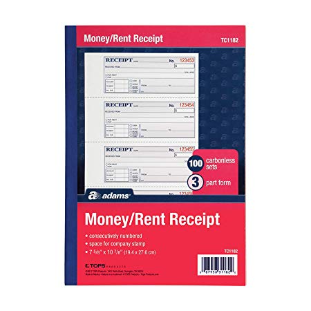 Adams Money and Rent Receipt Book, 3-Part, Carbonless, White/Canary/Pink, 7-5/8" x 10-7/8", Bound Wraparound Cover, 100 Sets per Book, 4 Receipts per Page (TC1182)