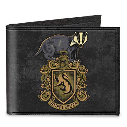 Canvas Bi-Fold Wallet - HUFFLEPUFF Badger Crest   DEDICATION PATIENCE LOYALTY Banner Grays Golds