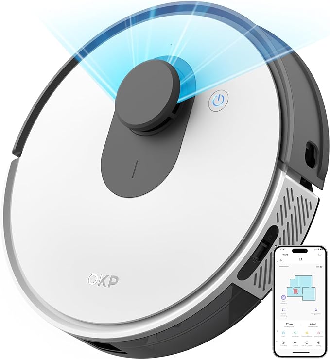 OKP 3800Pa Laser Navigation Robotic Vacuum, Logical Route Planning and Multi-Floor Mapping, Smart Self Charging Lidar Robot Vacuum Cleaner, Intelligent Alexa Hoover for Pet Hair (Grayish white)