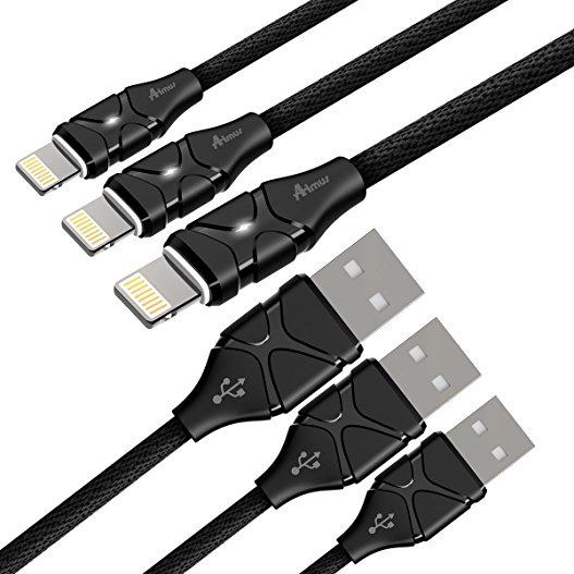 Lightning Cable Aimus [3Pack] 6FT Cotton Braided W/ LED Light USB Charging Cord for iPhone Charger X / 8/ 8 Plus / 7 / 7 Plus / 6 / 6 Plus / 5 / 5S / 5C / SE, iPad Mini 2 3 4 Air iPod (Black)