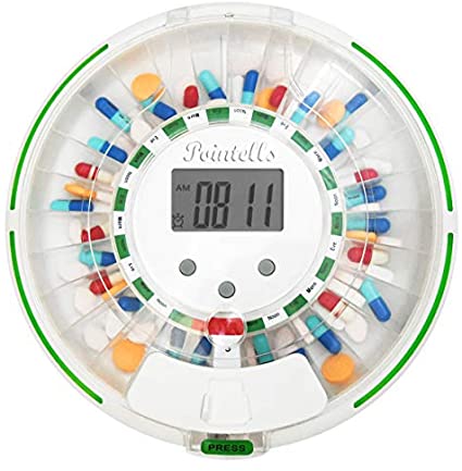Pointells Automatic Pill Dispenser – 28-Day Portable Medication Planner and Organizer – Dispense Vitamins and Tablets Up 6 Times Per Day – Includes Flashing Light, Alarm and Safety Lock