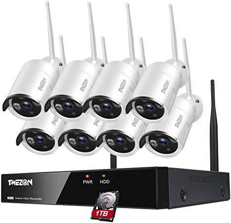 TMEZON 8-Channel HD 1080P Wireless Security Camera System,8Pcs 1080P 2.0 Megapixel Wireless Indoor/Outdoor IR Bullet IP Cameras,P2P,App, HDMI Cord & 1TB HDD Pre-Install
