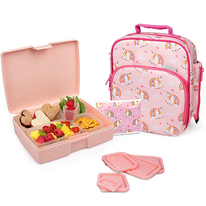 Bentology Lunch Bag and Box Set - Includes Insulated Bag with Handle, Bento Box, 5 Containers and Ice Pack (Unicorn)