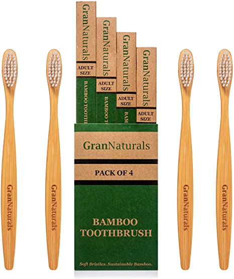 GranNaturals Bamboo Toothbrush - Wooden, Eco-Conscious No BPA Alternative to Plastic Toothbrushes - Firm Compostable Wood Handle with Medium Bristles for Removing Plaque - Adult Size Pack of 4 Brushes