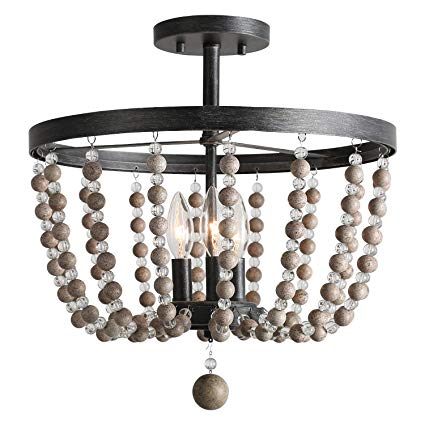 LALUZ 3-Light Semi Flush Ceiling Lights, Distressed Wood Beads, 16.1"Dia x 17.3"H