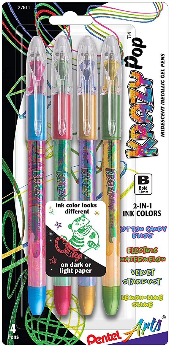 Pentel Arts Krazy Pop Iridescent Gel Pen, (1.0mm) Bold Line, Assorted Ink (Xc/BD/CP/DG), 4-PK (K91PABP4M3)