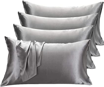 Tensure Satin Pillowcase for Hair and Skin, Envelope Closure, Set of 4, Queen Size (20x30 inches) Cooling Satin Pillow Covers, Silver Grey