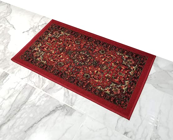 Indoor Doormat Rubber Backed, 18 x 30 inch, Persian Medallion Carmine Red, Non Slip, Kitchen Rugs and Mats
