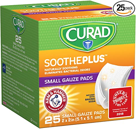 Curad Sootheplus Gauze Pads with Arm & Hammer Baking Soda, 2" X 2", 25Count