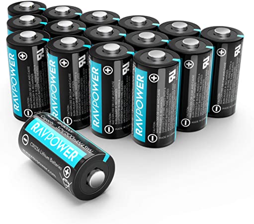 CR123A Lithium Battery RAVPower 3V Camera Batteries Non-Rechargeable 16 Pack 10 Years of Shelf Life for Arlo Cameras Polaroid Flashlight Microphones(1500mAh Each)
