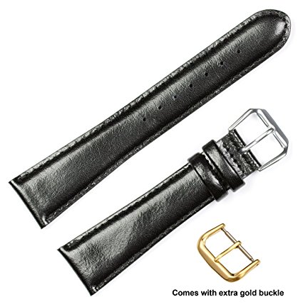 deBeer brand Smooth Leather Watch Band (Silver & Gold Buckle) - Black 15mm