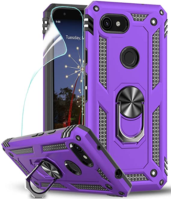 LeYi Google Pixel 3a Case (Not fit 3a XL) with HD Screen Protector, [Military Grade] Armor Full-Body Dual Layer Protective Phone Case with Rotating Holder Kickstand for Google Pixel 3a, Purple