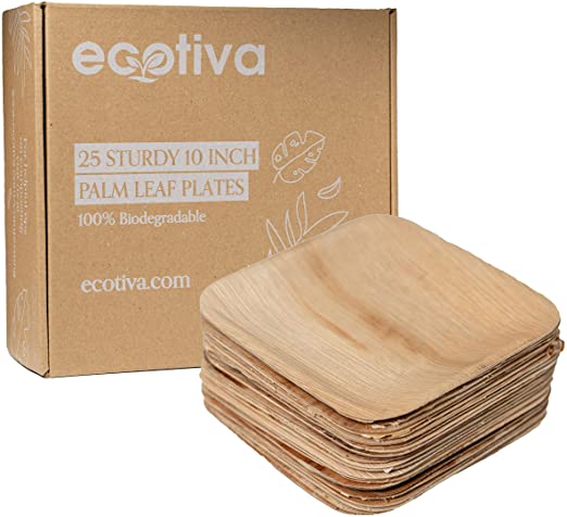 ecotiva - 25 Pack of Palm Leaf Plates - Biodegradable Plates - Eco Friendly - Beautiful and Sturdy 10 inch Palm Leaf Plates - Perfect for Parties and Showers - Reusable Plates - Disposable Plates