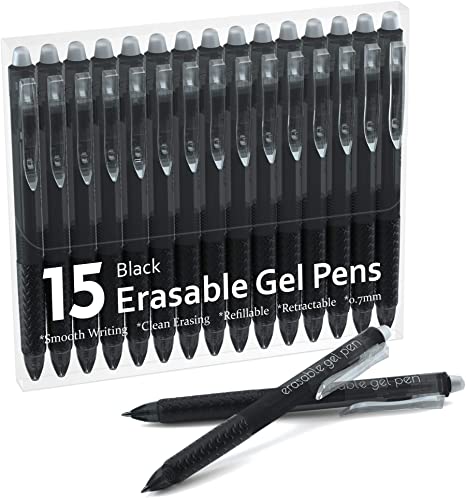 Erasable Gel Pens, 15 Pack Black Retractable Erasable Pens Clicker, Fine Point, Make Mistakes Disappear, Black Inks for Writing Planner and Crossword Puzzles