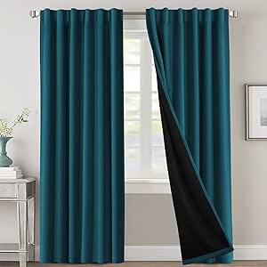 H.VERSAILTEX 100% Blackout Curtains for Bedroom with Black Liner Full Room Darkening Curtains 96 Inches Long Thermal Insulated Back Tab/Rod Pocket Window Drapes for Living Room, Dark Teal, 2 Panels