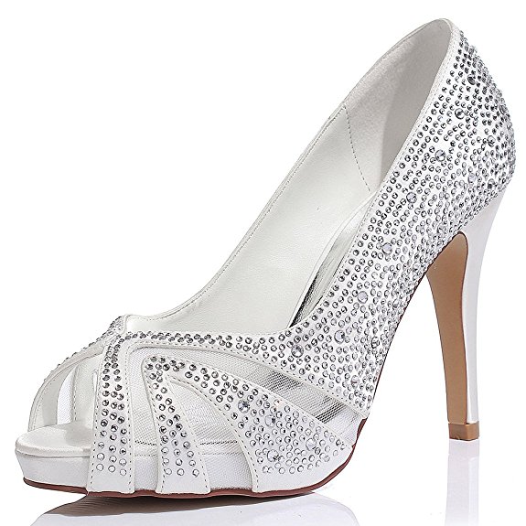 LUXVEER Satin Bridal Shoes with Silver Rhinestone Wedding Shoes Medium Heel 4 inch-Peep Toe