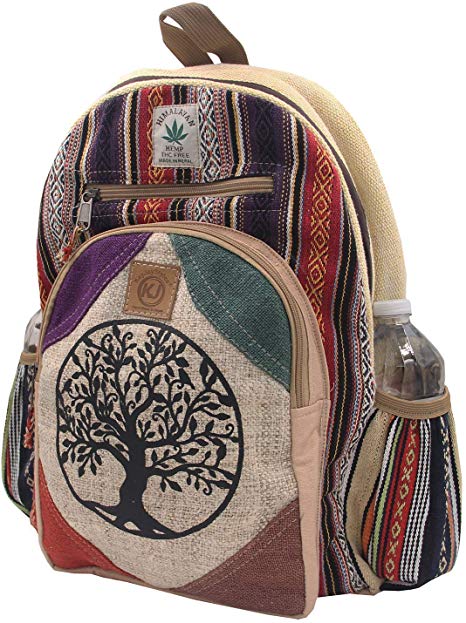 KayJayStyles Natural Handmade Large Multi Pocket Hemp Nepal Backpack (Tree Of Life)