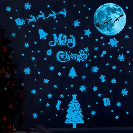 146 Pieces Christmas Glow in The Dark Stickers Christmas Wall Stickers Reindeer Santa Claus Stars Snowflakes for Merry Christmas Theme Party Decorations (Blue)