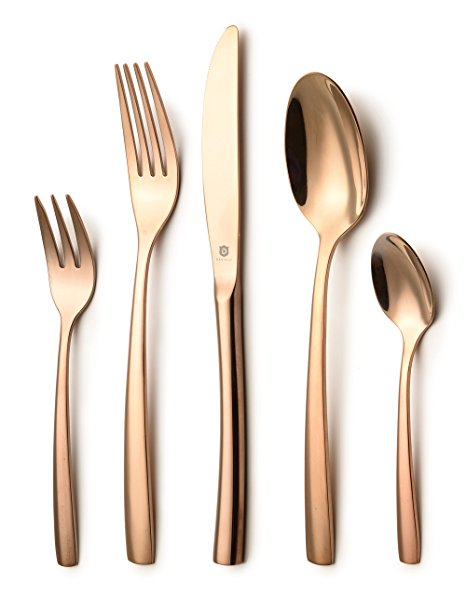 DANIALLI	20-Piece	Rose	Gold	Flatware	Set	For	4,	Modern	Sleek	Design	Bronze	Silverware	Set,	Copper	Colored	18	10	Stainless	Steel	Utensils,	Include	Knife/Fork/Spoon,	Dishwasher	Safe